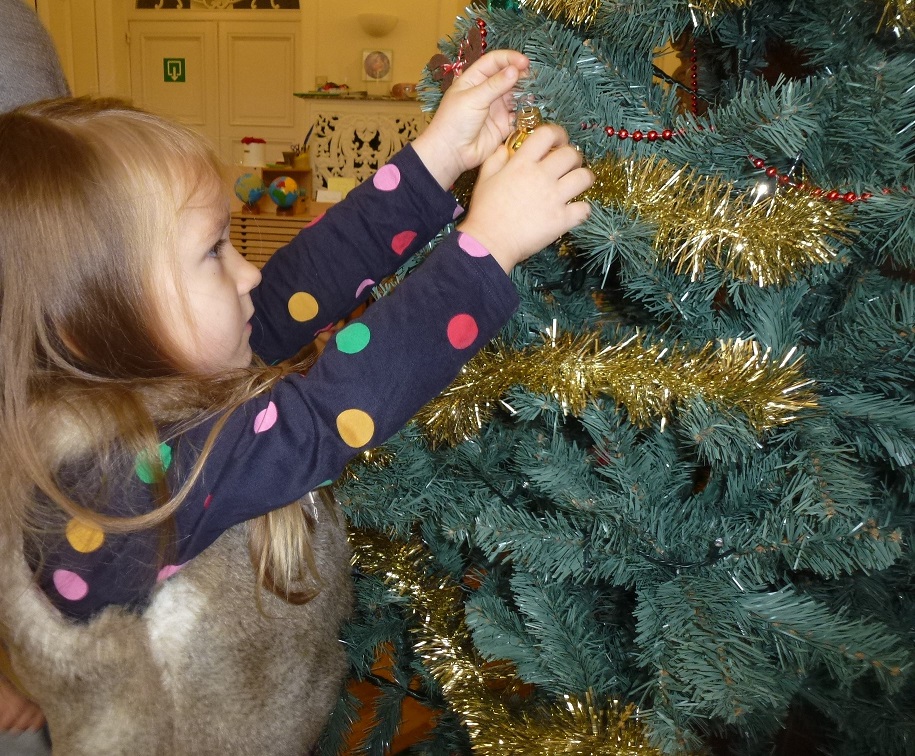 A young girl fixing a ball to a Christmas tree.